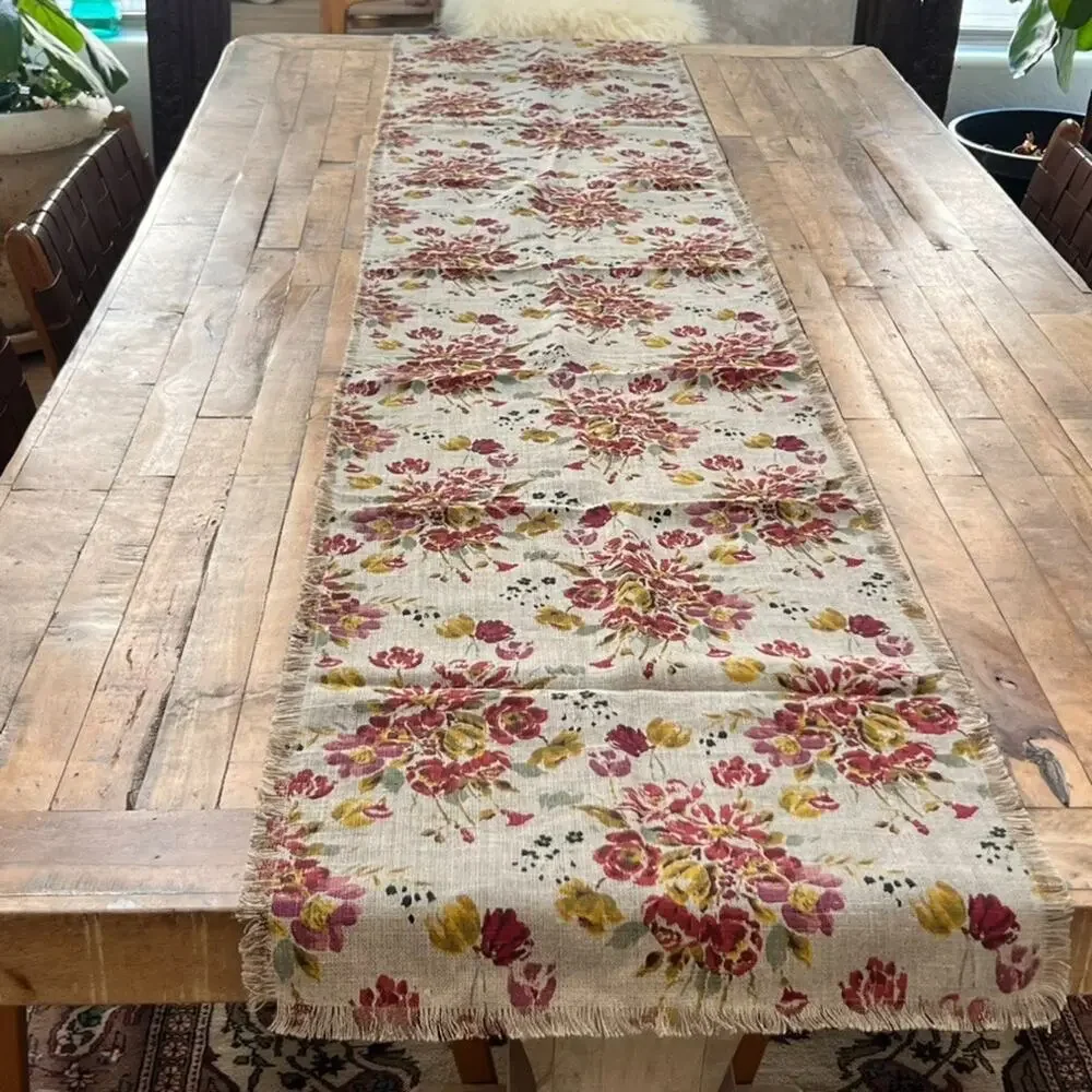 World Market Floral 100% Linen Table Runner with Fringe 17 x 90